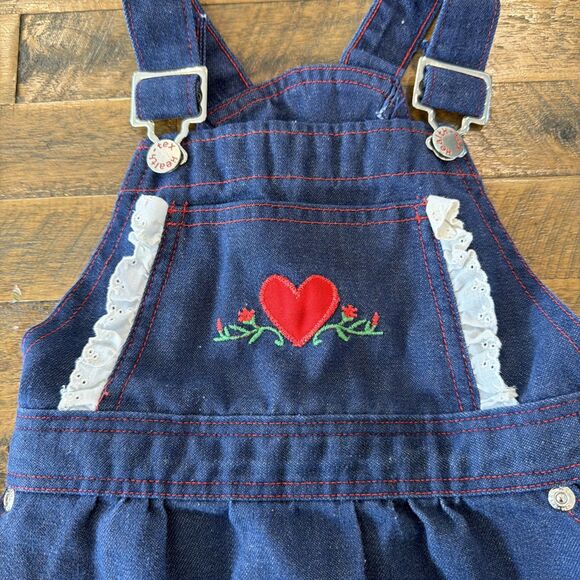 RARE Vintage 80s Health-Tex Denim Jumper Dress Hearts and Ruffles 3T - Picture 2 of 4